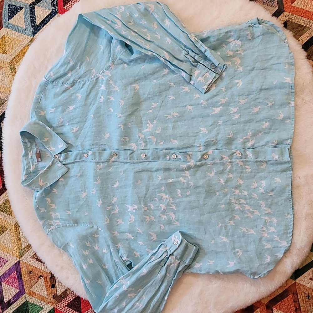 J Jill Blue & White Sparrows Bird Print 100% Linen Casual Summer Blouse